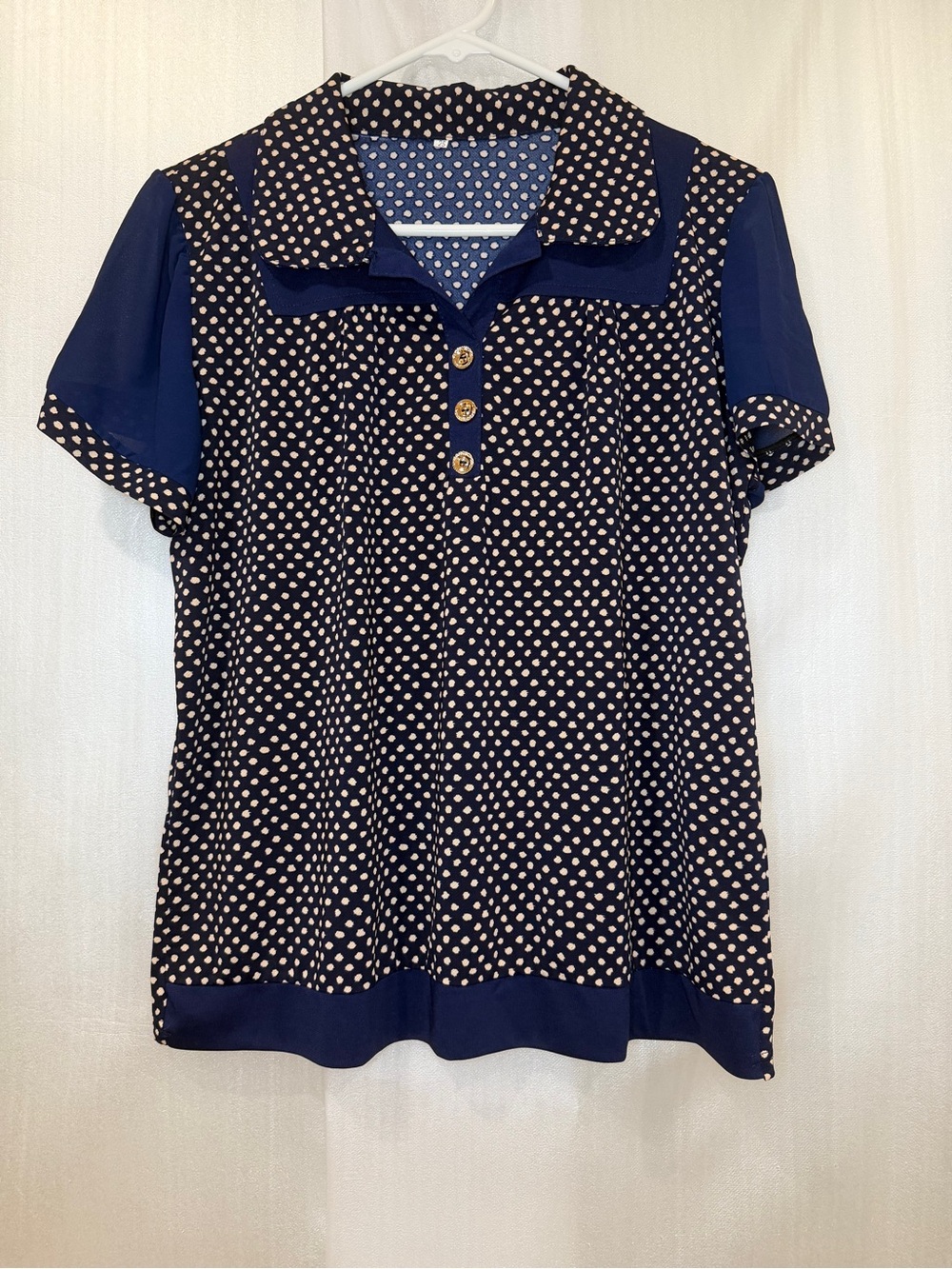 Vintage Navy Polka Dot Short Sleeve Polo Blouse with Gold Buttons